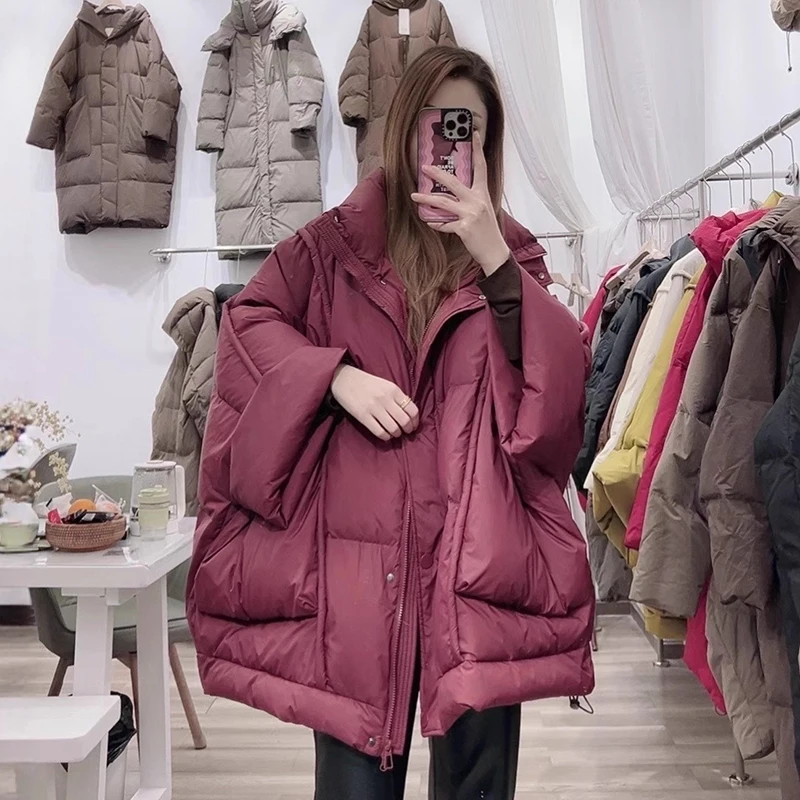 Winter Solid Stand Kraag Losse Donsjack Vrouwen Witte Eendendons Grote Zak Donsjack Vrouwelijke Chic Warme Rits Parker Uitloper