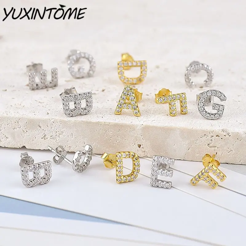 925 Sterling Silver Needle Simple 26 Letters Crystal Zircon Stud Earrings Fashion Generous Women's  Earrings Daily Wear Jewelry