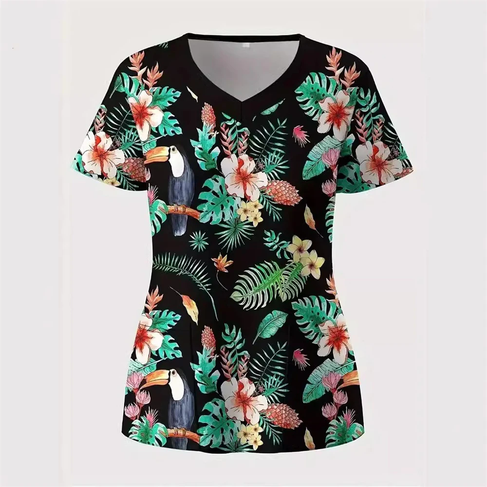 Fashionable 3DV Collar Printed Series Healthcare Worker Uniform Silks Short Sleeve Decorative T-shirt Surgical Uniforms Woman