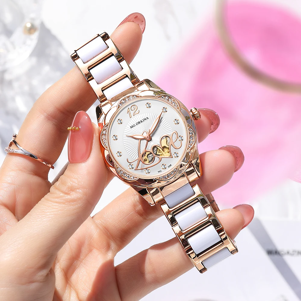 ORKINA Women Mechanical New Watch Designer Luxury Top Brand Ceramic Stainless Steel Diamond Skeleton Ladies Automatic Wristwatch