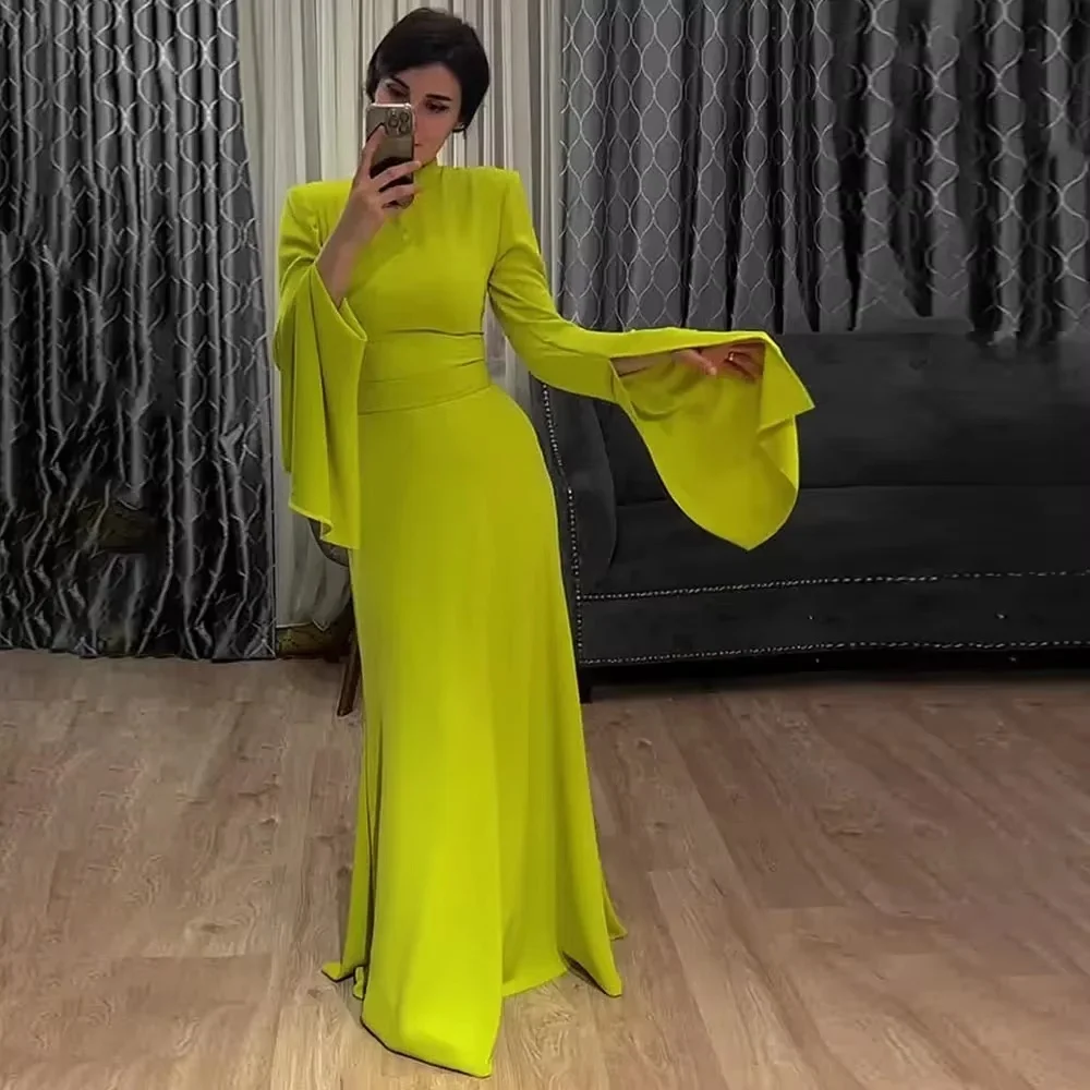 

Customized Exquisite Mermaid Ruched Women Prom Dress Charming Long Sleeve Floor Length Party Dress Ruffles Women Evening Gown