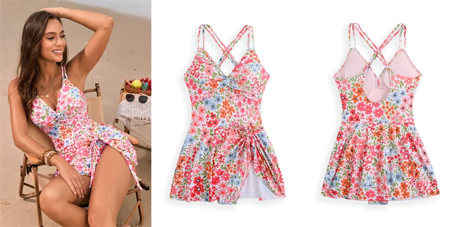 Damen-Badeanzug mit Blumenmuster, einteiliger Badeanzug, Twist-Front, V-Ausschnitt, doppelte Spaghettiträger, Bauchkontrolle, Badeanzug, Strand-Bademode – Detail 5