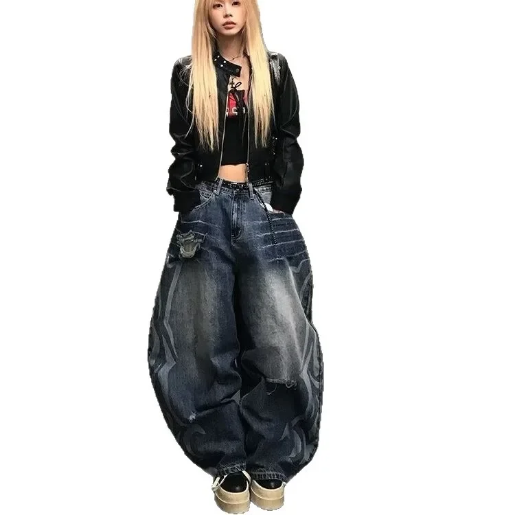 Women Jeans Baggy Wide Fit Boyfriend Denim Pants Grunge Punk Ripped Y2K Japanese Harajuku 2000s American Retro Design 5