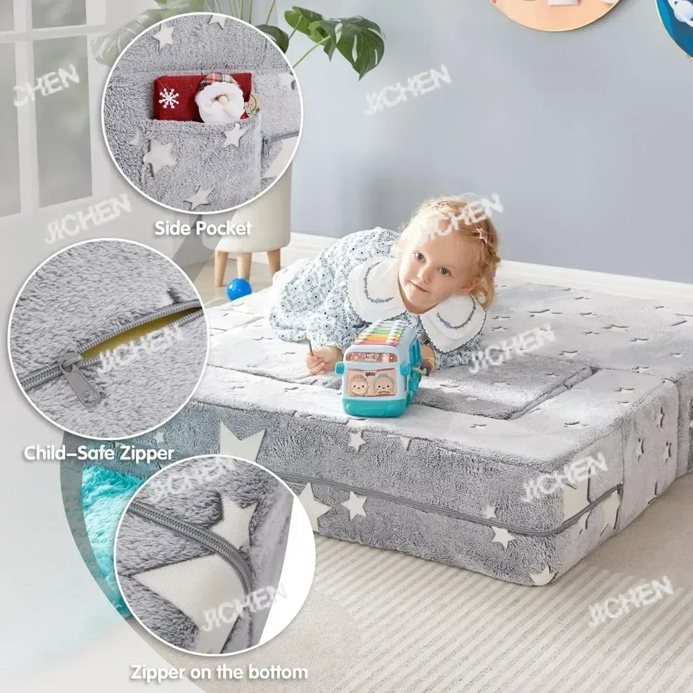 ZQT For Kids Play Couch, Glow In The Dark Star Patterns Toddler Modular Sofa, Convertible Baby Fold Out Play Foam And Floor Cush