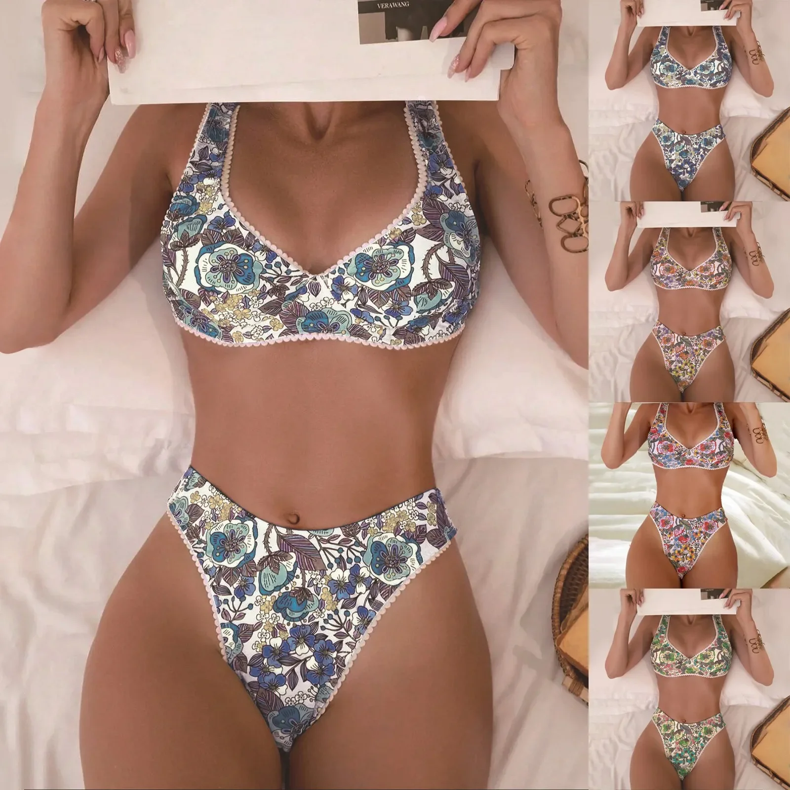 2024 Women's Bikini Set ForTwo Piece Swimsuits Island Printed Crinkle Bandeau High Waisted Bathing Suits tankini