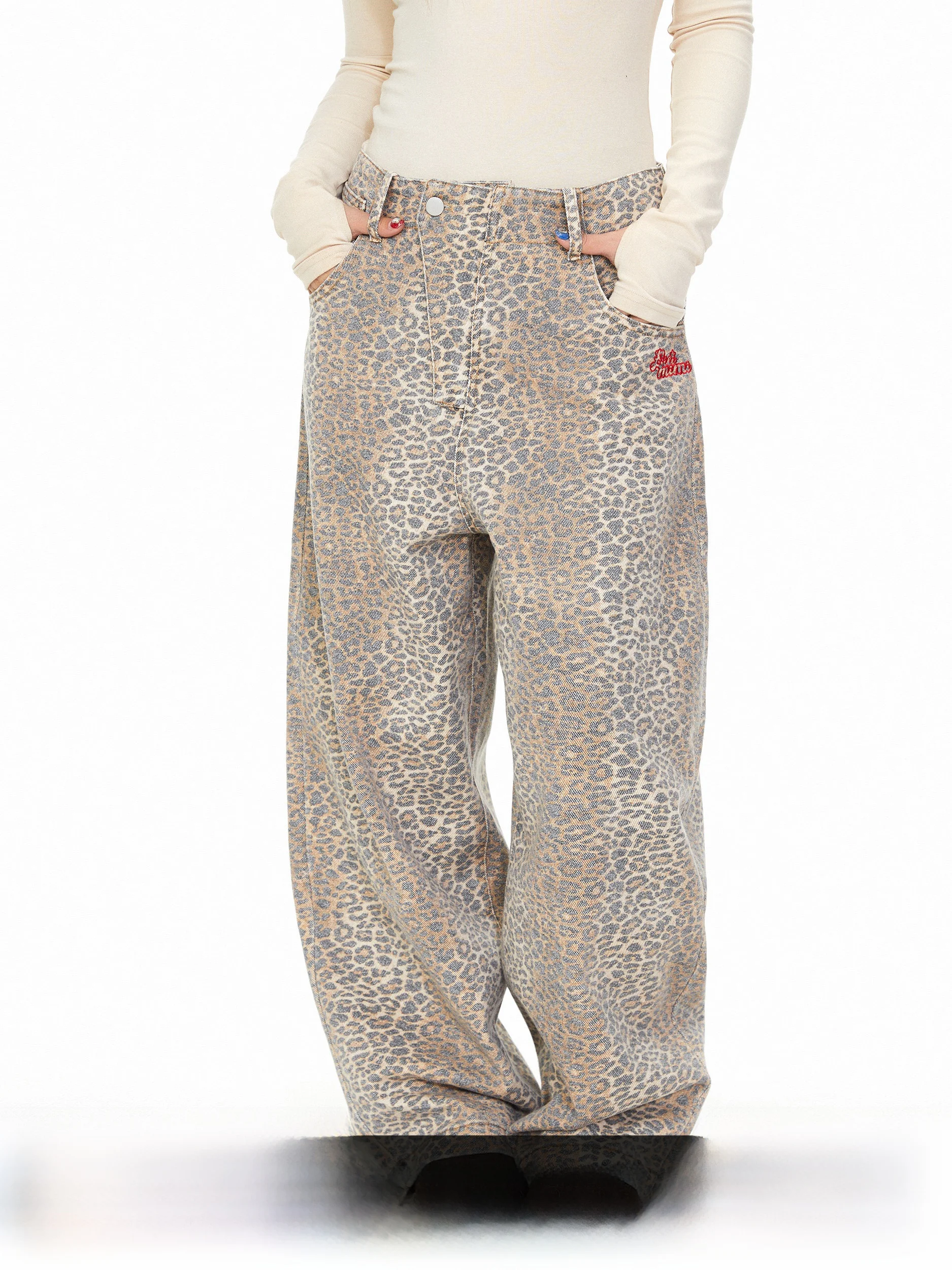 

Женские джинсы Blabb с леопардовым принтом, свободные, струящиеся, прямые, широкие, в пол, осенне-зимние, повседневные