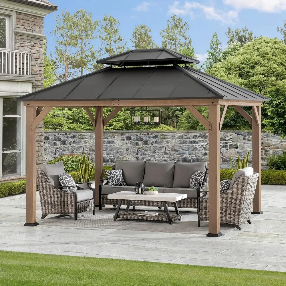 

10 x 12 ft. Wood Gazebo, Outdoor Patio Steel Hardtop Gazebo, Cedar Framed with 2-Tier Metal Roof, Suitable for Patios, Backyard