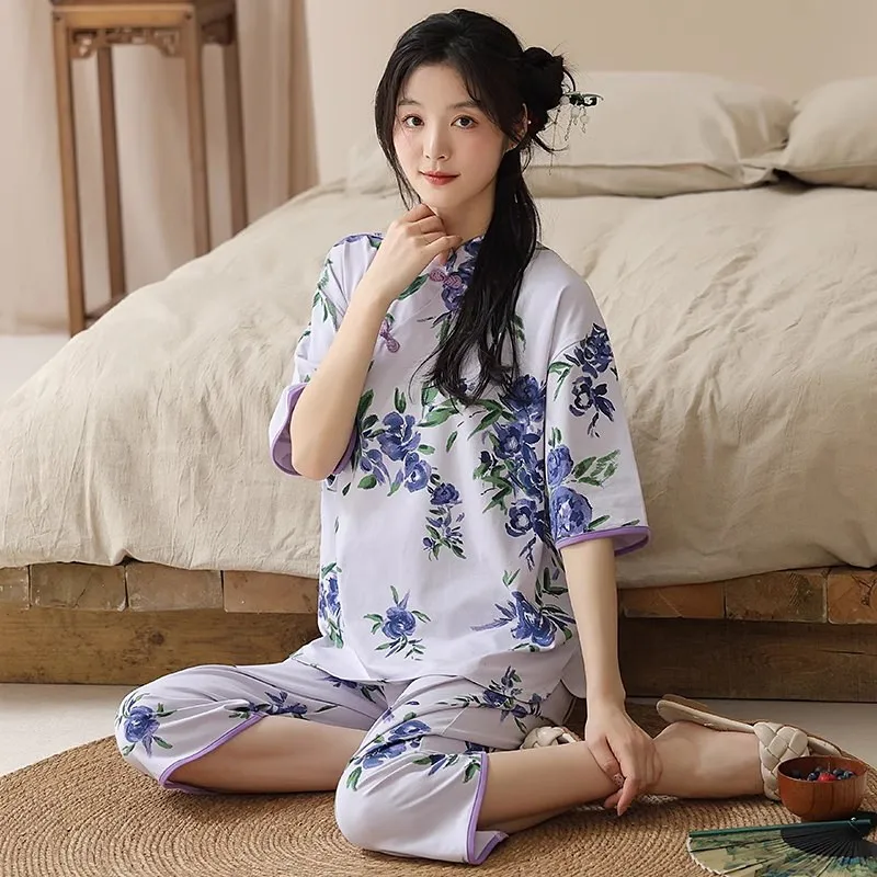 Summer Women's Short Sleeved Cropped Pants Pajama Set Cotton New Chinese Style Home Clothes Student Sleepwear Night Wear Suit