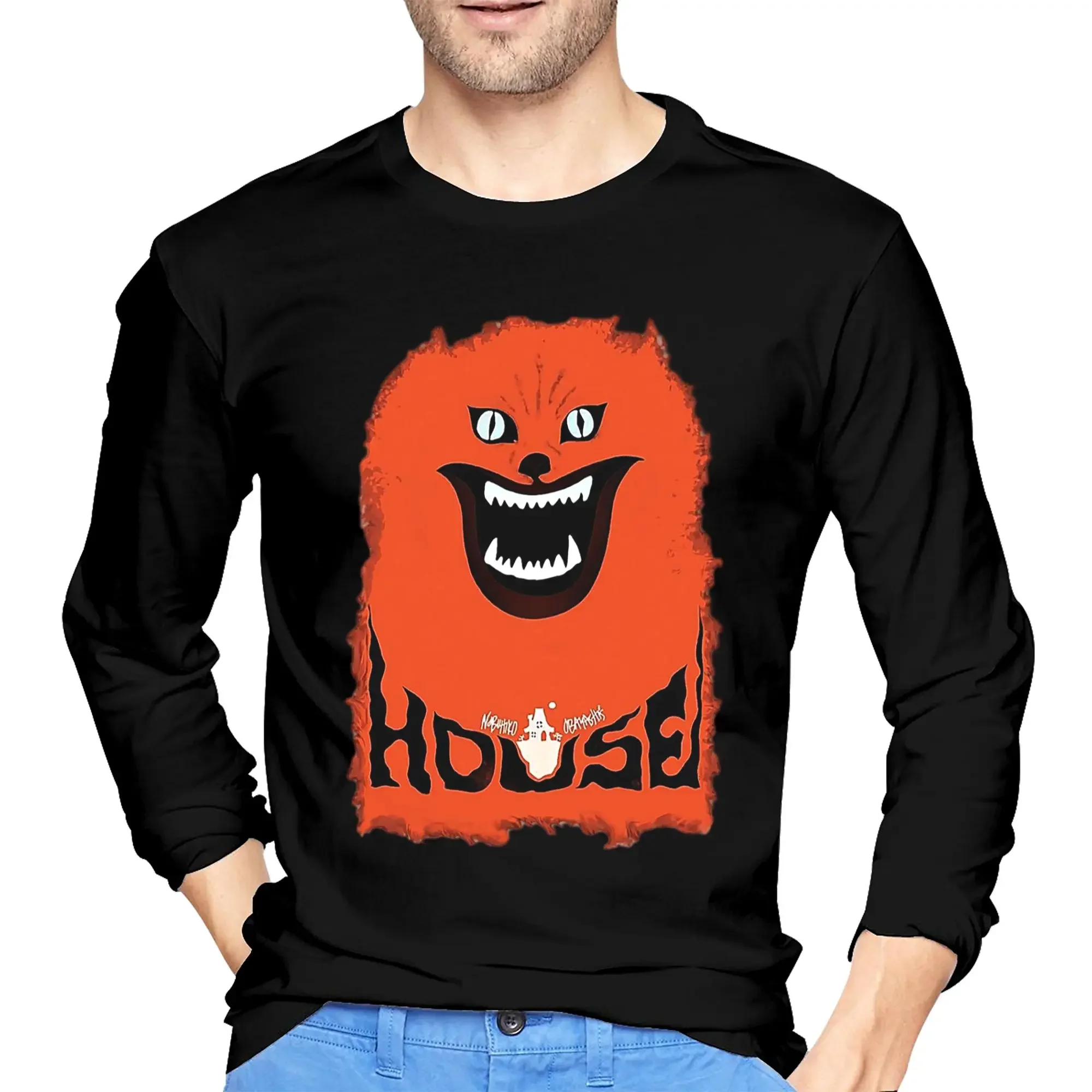 

House (hausu) - Мужская футболка с длинными рукавами с логотипом, повседневные футболки с круглым вырезом, весенне-осенние мужские топы