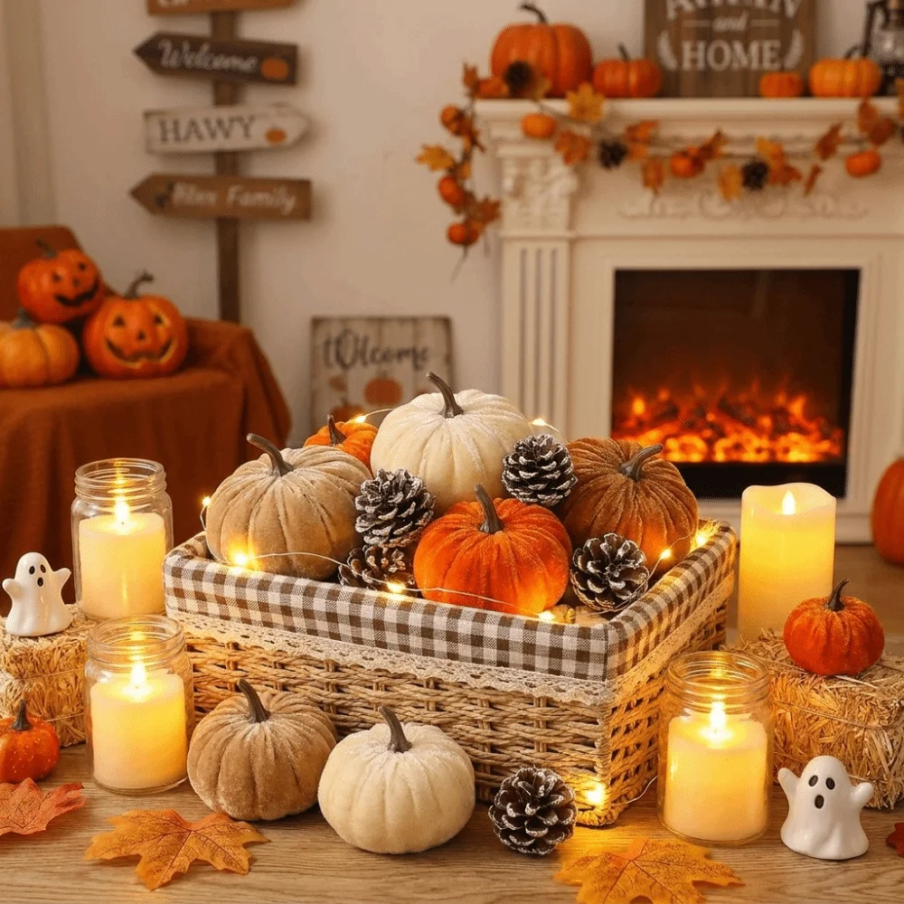 Velvet Mini Pumpkin Ornament Soft Flocked Multi Sizes Faux Pumpkin Tabletop Decor Multi Colors Lightweight