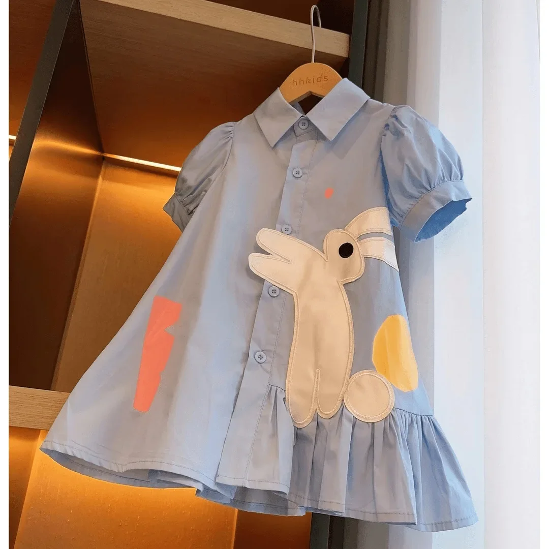 

2025 Summer Girls 2-8 Years Cute Rabbit Puffy Short Sleeve Blouse Dress