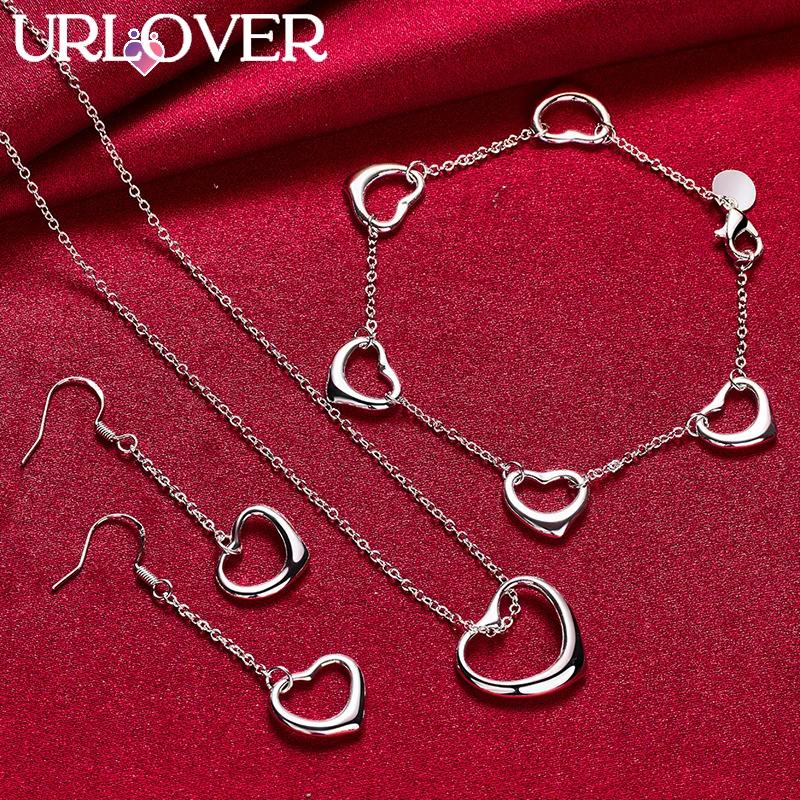 

URLOVER 925 Sterling Silver Heart Chain Necklace Bracelet Earring Set For Woman Party Wedding Fashion Jewelry Set Birthday Gifts