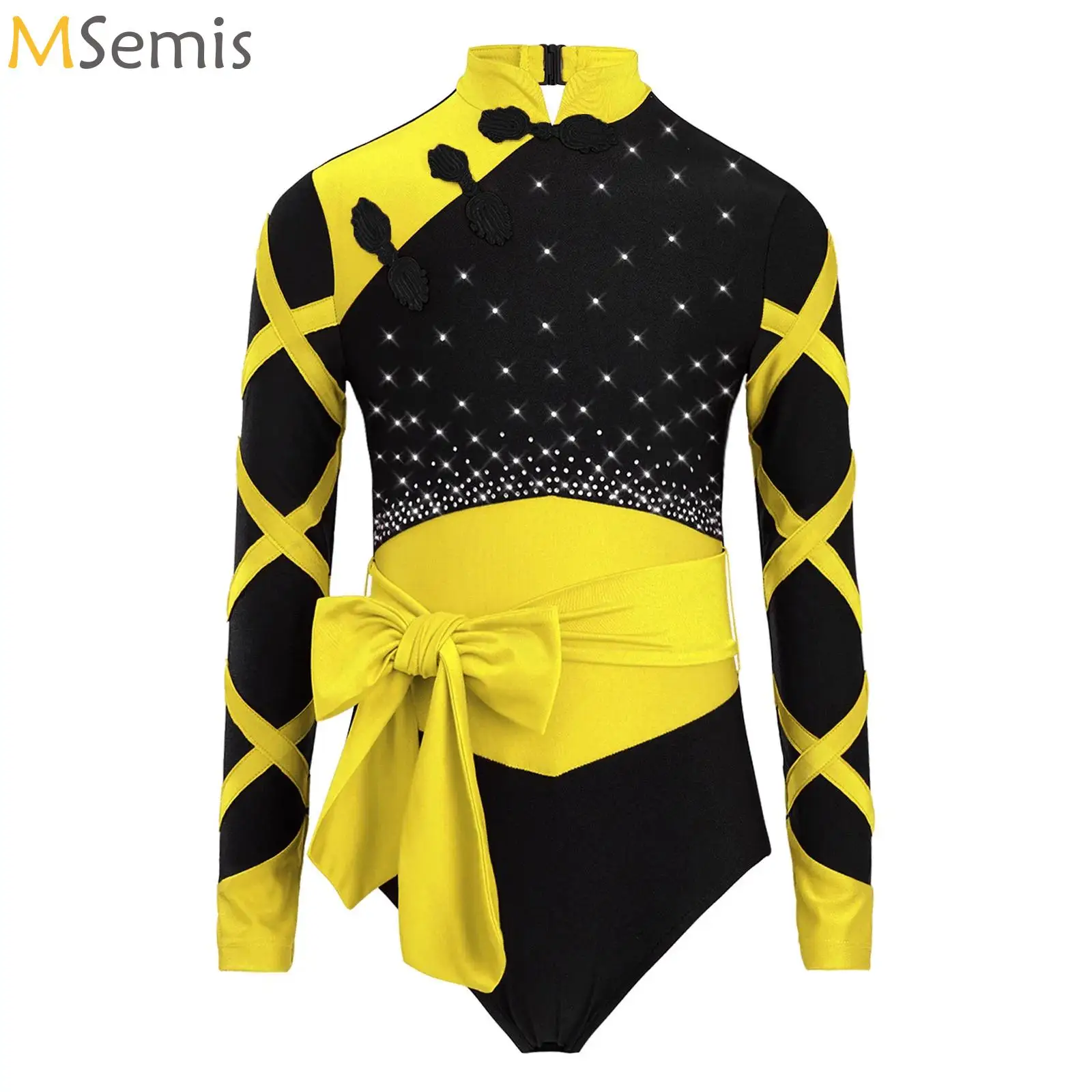 

Kids Girls Ballet Dance Class Costume Gymnastics Leotard Figure Skating Performance Rhinestones Color Block Workout Bodysuit