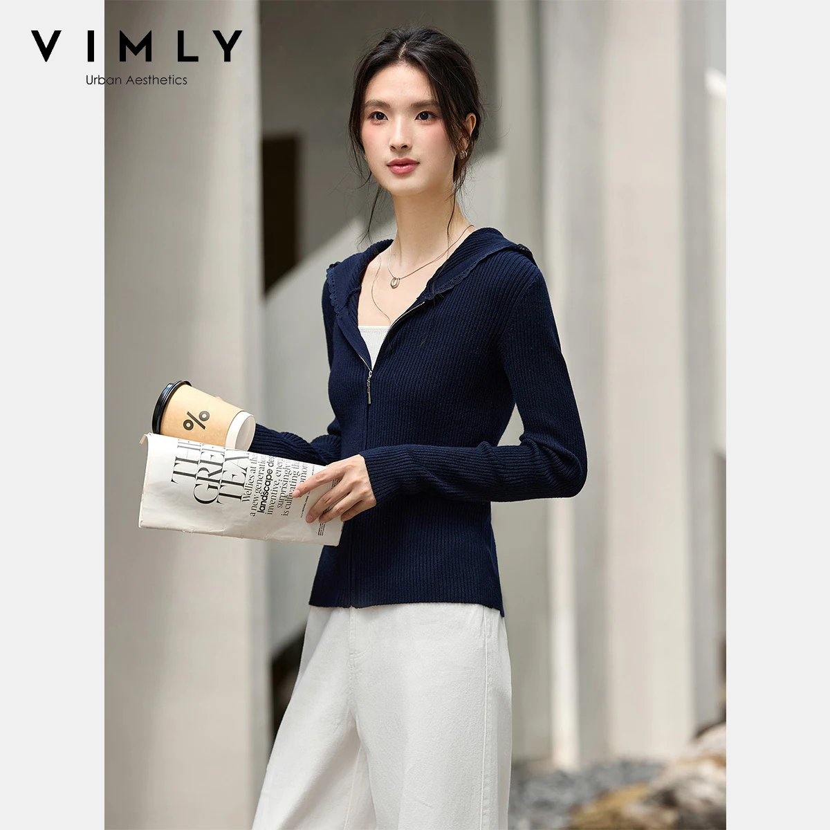 เสื้อคาร์ดิแกนมีฮู้ดสีน้ำเงินกรมท่า VIMLY สำหรับผู้หญิง สไตล์ลำลอง แขนยาว ซิปหน้า ถักนิตติ้ง เสื้อสเวตเตอร์ผู้หญิง ฤดูใบไม้ร่วง 2025 ทรงเข้ารูป เสื้อจั๊มเปอร์ผู้หญิง รุ่น 75218