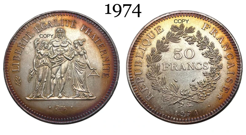 Moneda Conmemorativa de Francia de 50 Francos, 1974, 1975, 1976, 1977, 1978, 1979, 1980, Hercule, Plateada, Copia, Segunda Guerra Mundial, Moneda Coleccionable