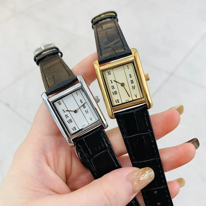 Mishali Women Quartz Watch Luxury Square Rectangle Dial Diamond Vintage Black Gold Clock Roman Numbers Watches Ladies Wristwatch