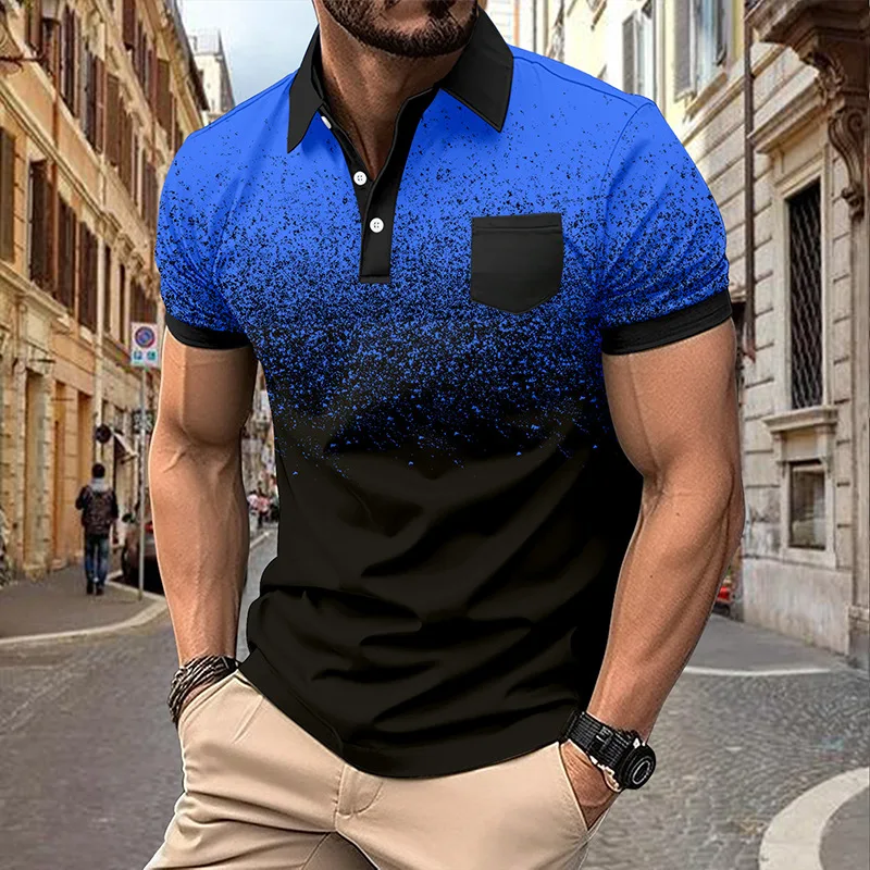 GZMS-Ins-Men's Printed Dots Gradient Polo Shirt with Zipper, Summer Pocket, 2022