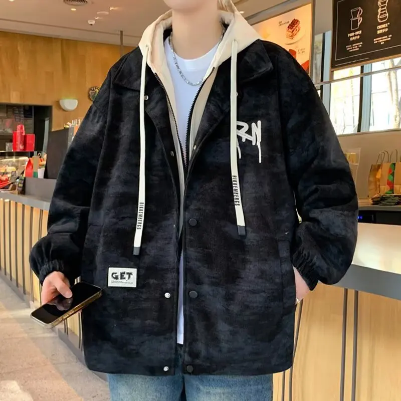 

Men's Fake Two-Piece Hooded Jacket Autumn/Winter Fleece Trendy Retro Hong Kong Style Loose Baseball Sweater