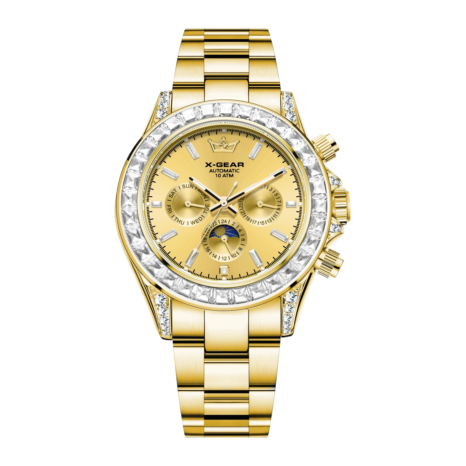 X-GEAR Три глаза Шесть игл Водонепроницаемый календарь Светящиеся механические часы для мужчин Аутентичные часы из нержавеющей стали