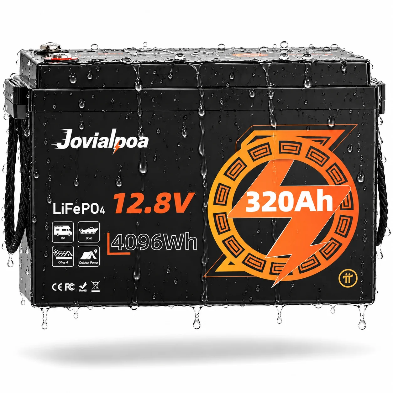 12V 320Ah LiFePO4 Battery, 12.8V 4096Wh Deep Cycle Lithium Battery, Lightweight with Built-in 200A BMS, IP67 Waterproof, 15000+ Cycles for RV, Solar, Marine, Off-Grid, Travel Trailer, 5-Year Warranty