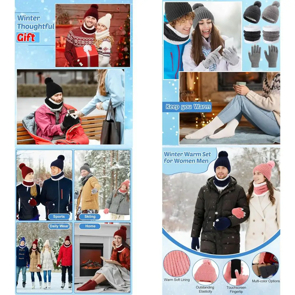 

Winter Knit Beanie, Scarf, Gloves & Socks Set for Unisex - Warm Pom Pom Hat, Touchscreen Gloves, Bulk Socks for Cold Weather & C