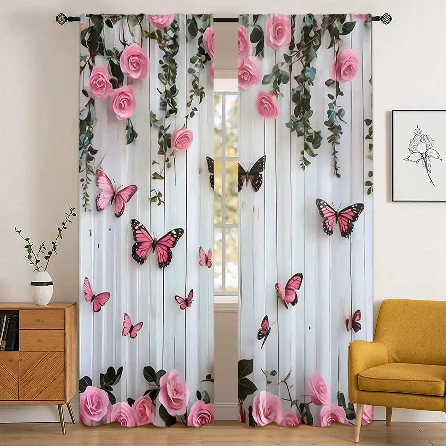 

2 Pcs Pink Rose Butterfly Print Curtains, Blackout Easy Care Privacy Curtain Set, Curtains With Rod Cover For Bedroom