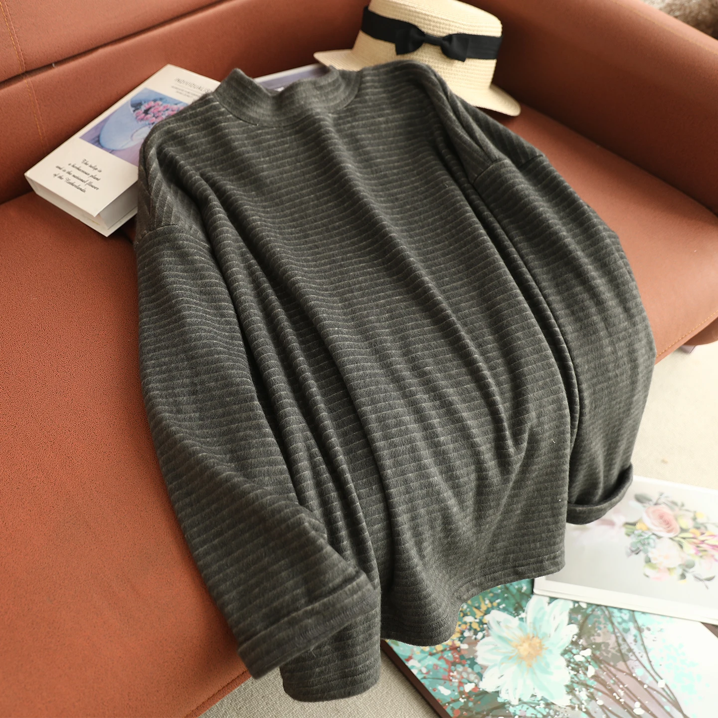 

Japanese Vintage Mori Girl Striped Brushed Cotton T-Shirts Women Autumn Half High Collar Long Sleeve Casual Loose Shirt Tops