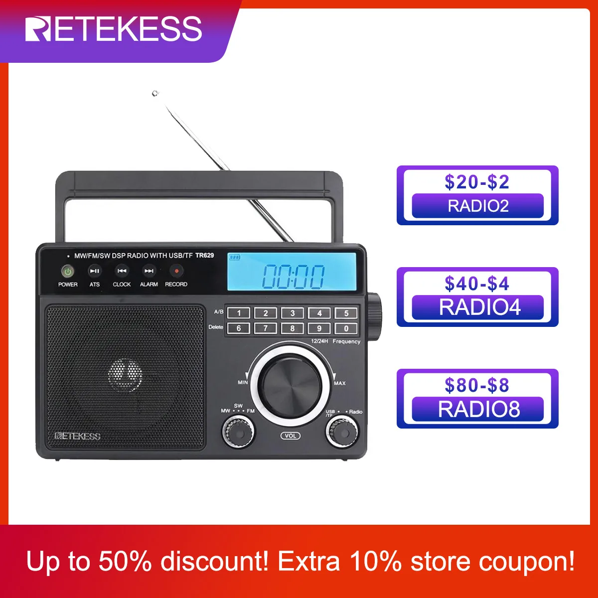 

Retekess TR629 Portable Radios AM FM SW Rechargeable All Waves Radio Multiband Shortwave Full Band Radio Mp3 Speaker Alarm Clock