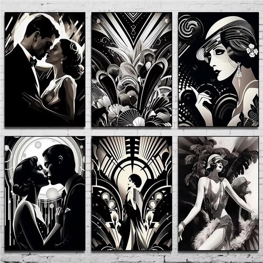 Flapper Jazz Age Black White Vintage Glamour Pattern 5D Diy Diamond Painting Full Square Round Drill Mosaic Picture Home Decor