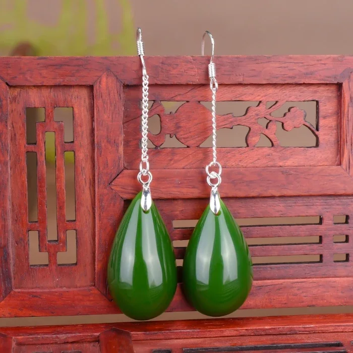 

925 Silver Chinese Xinjiang Green Jade Drop Earrings Accessories DIY Hand Carving Fashion Amulet Luck Gifts Men Sweater Chain