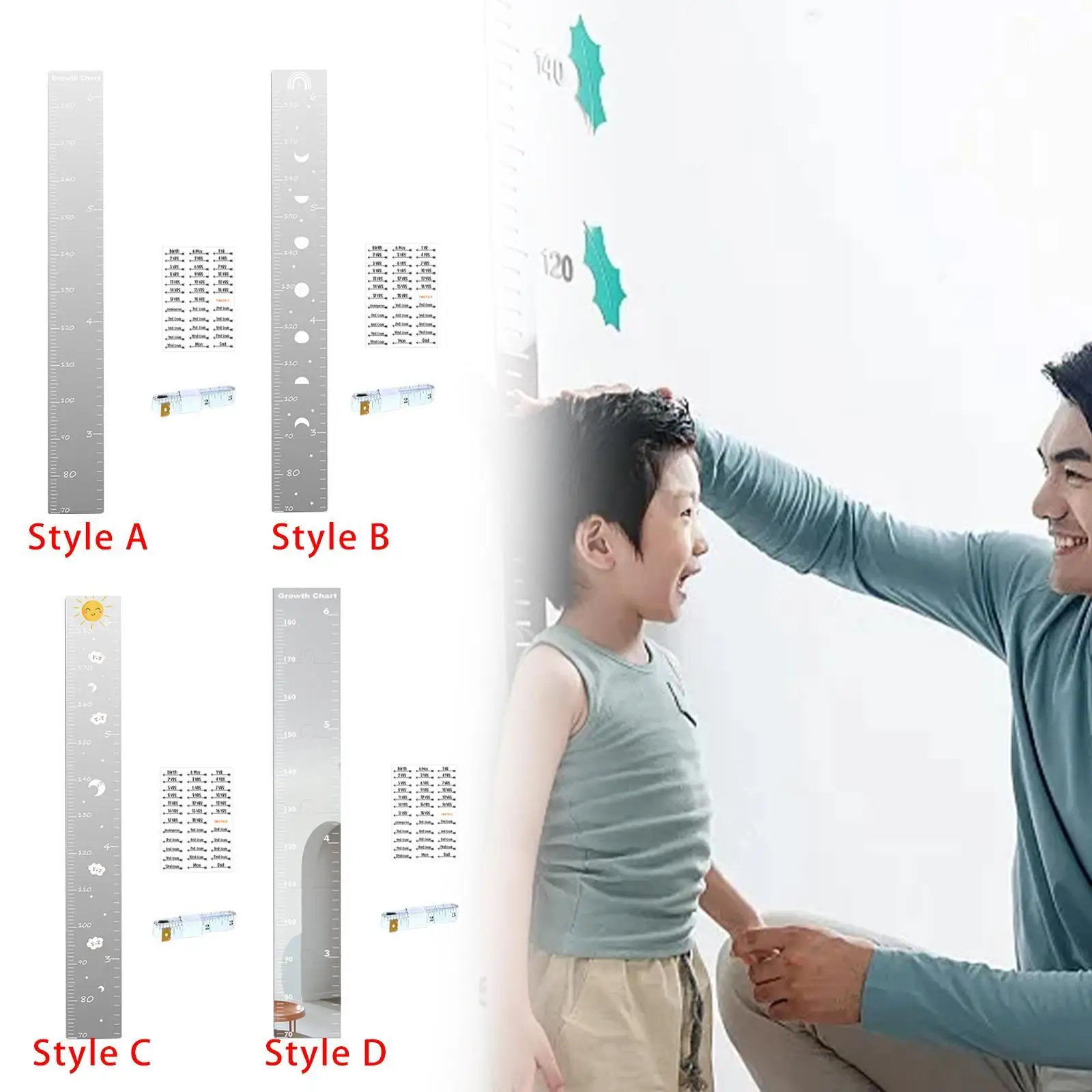 Acrylic Kids Growth Chart Mirror Height Ruler Multipurpose 120x15cm for Full Body Measurement Wall Decoration DIY Splicing