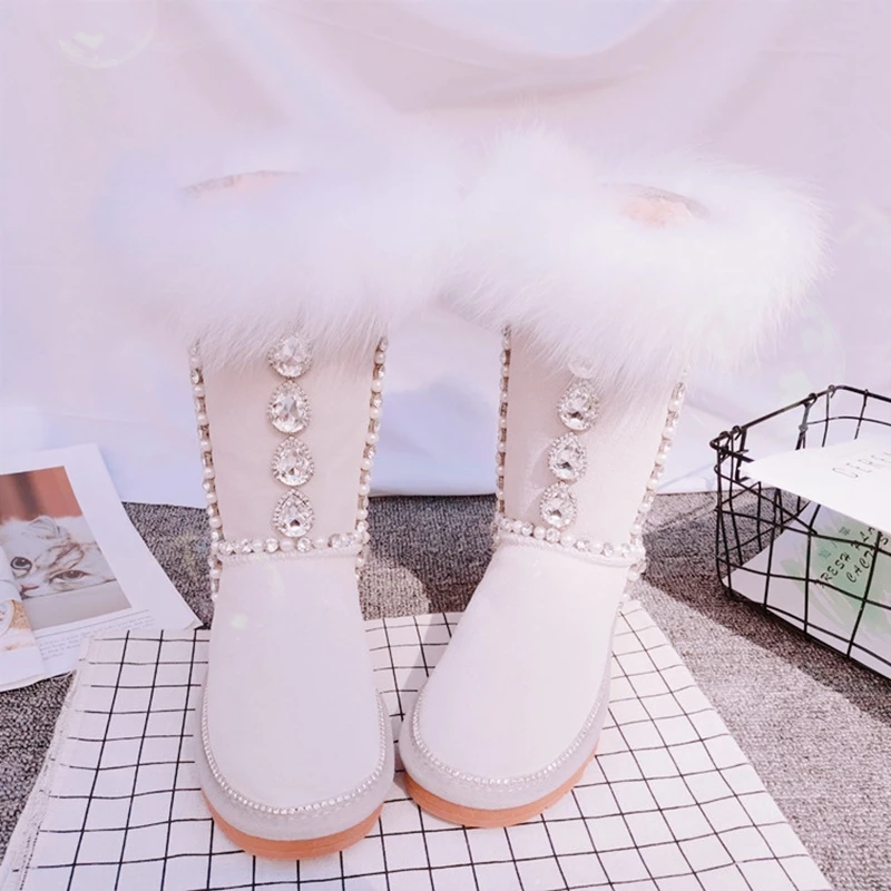 New In Winter Fluffy Fur Mid Calf Snow Boots Shoes for Women 2022 Designer Luxury Rhinestone Cow Suede Outdoor Warm Long Booties