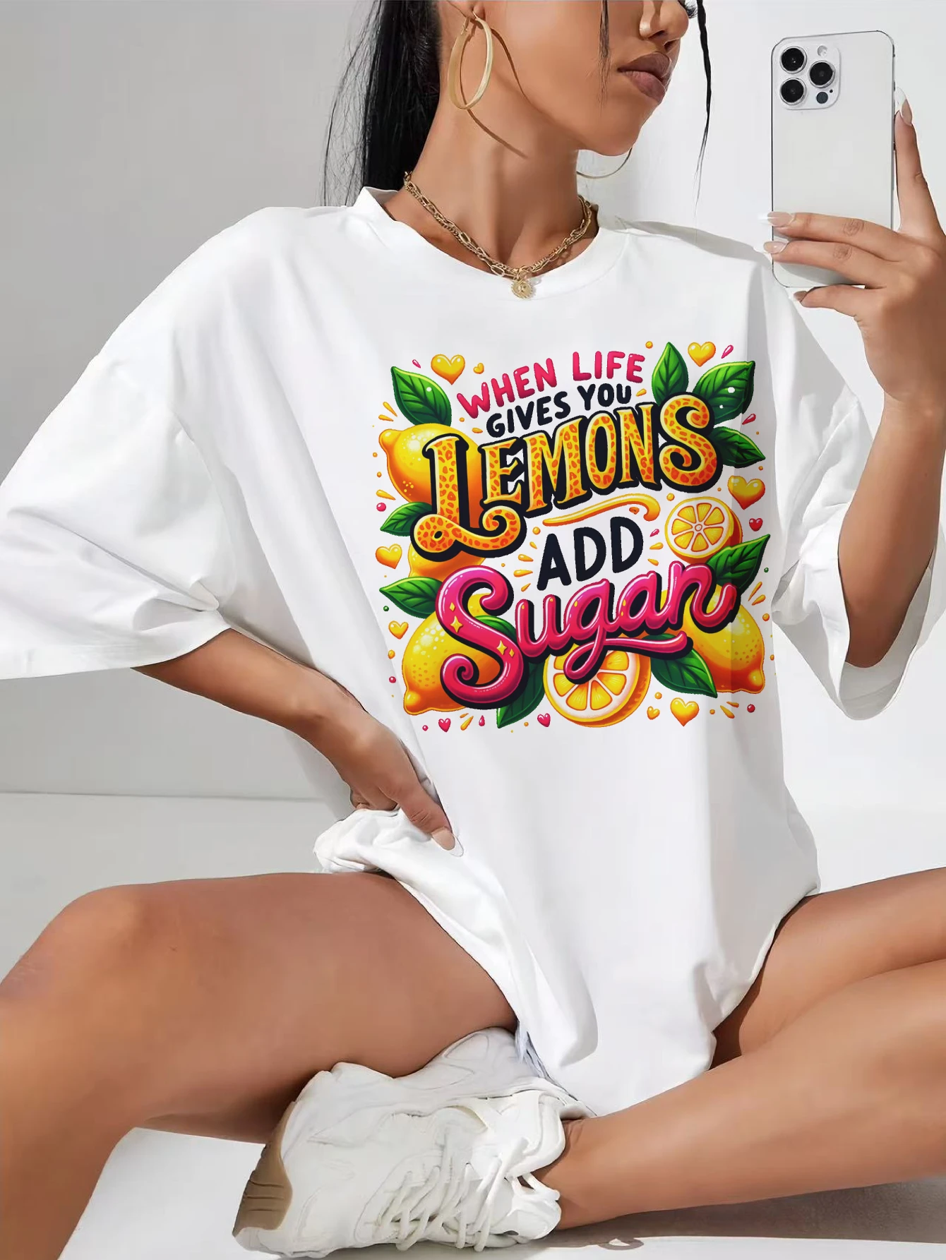

when life gives you lemons add sugar White oversized pregnancy T-shirt comfortable crew neck soft cotton side ruching detail