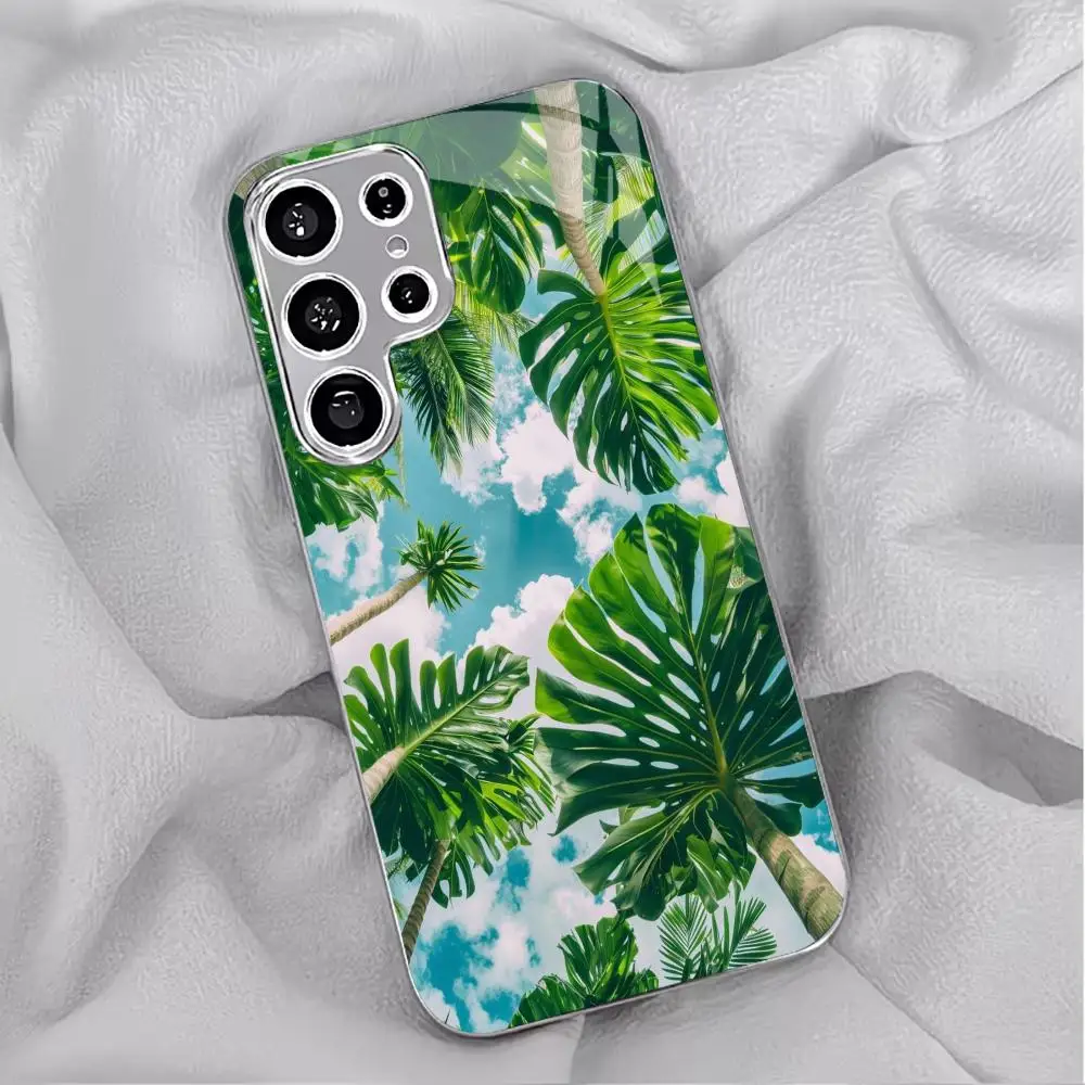 Green leaf electroplated glass phone case suitable for Samsung Galaxy S26 S25 S24 S23 S22 S20 FE/Ultra/Plus anti drop back cover