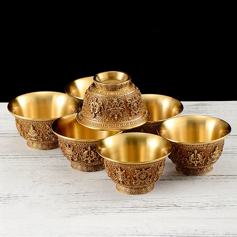Ure Copper Buddha Offering Water Bowl, Tantric Eight Auspicious Symbols Worship Cup Buddhist Decor