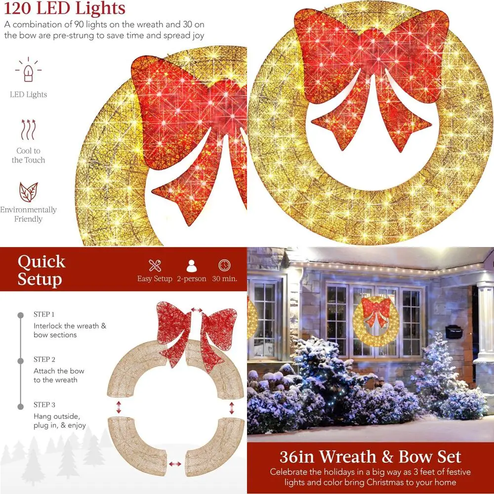 

36-дюймовый рождественский венок с предустановленной светодиодной подсветкой, уличный праздничный декор, золотой и красный бант