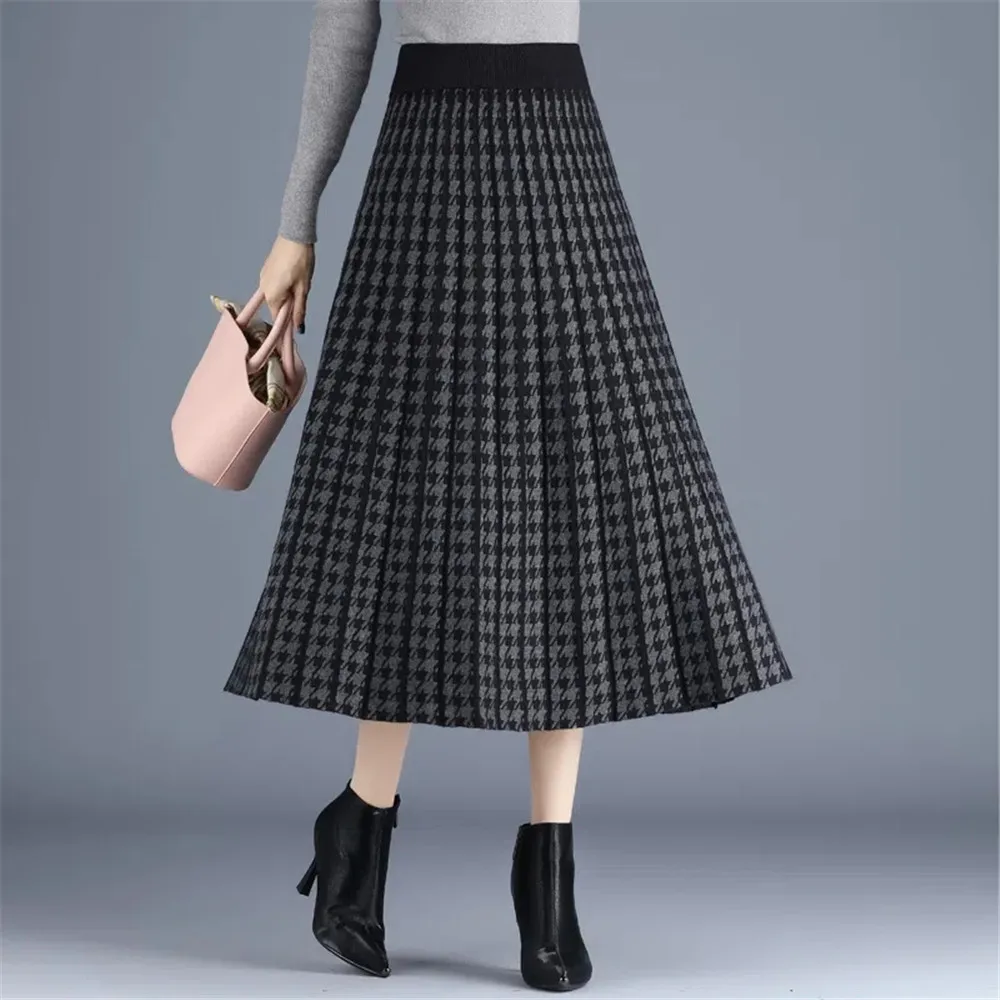 

Autumn And Winter Vintage Stretch High Waisted Midi Pleated Houndstooth Mom Printed Knitted Skirt For Women Warm Runway Skirts