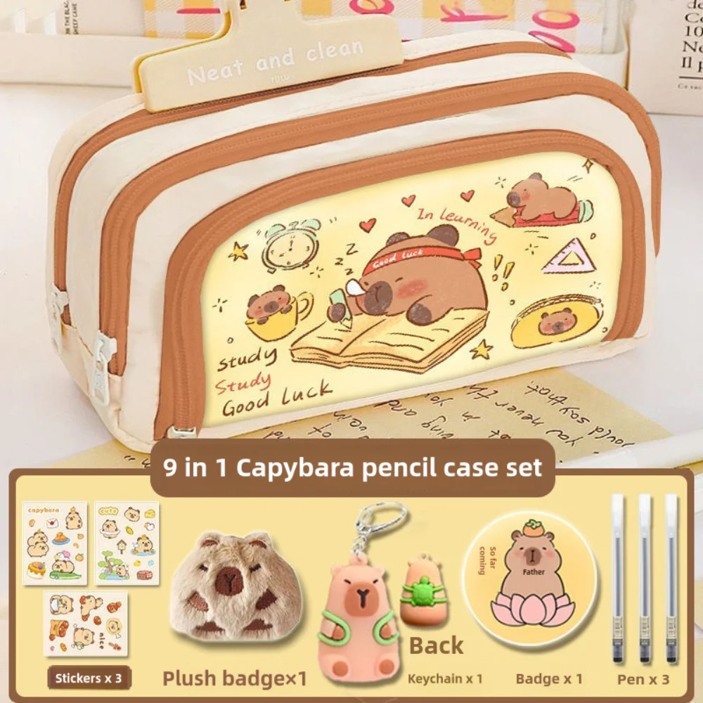 جودة عالية 9 في 1 كابيبارا مجموعة حقيبة القلم قماش مع حقيبة شبكية القرطاسية حقيبة التخزين الكرتون 3 طبقات مقلمة الطلاب