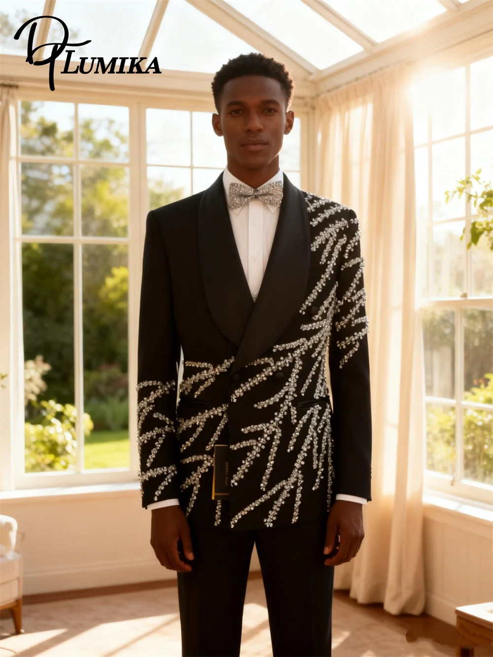 

DTLumika 2024, осенний новый роскошный костюм для мужчин, двубортный пиджак с жемчугом, брюки, деловой смокинг для свадебной вечеринки