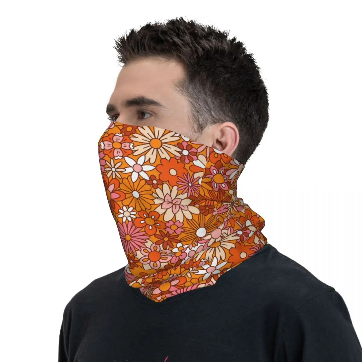 Copri collo bandana con fiori arancioni e rosa Sciarpa per il viso stampata Sciarpa da ciclismo multifunzione Sport all'aria aperta per uomo Lavabile per adulti