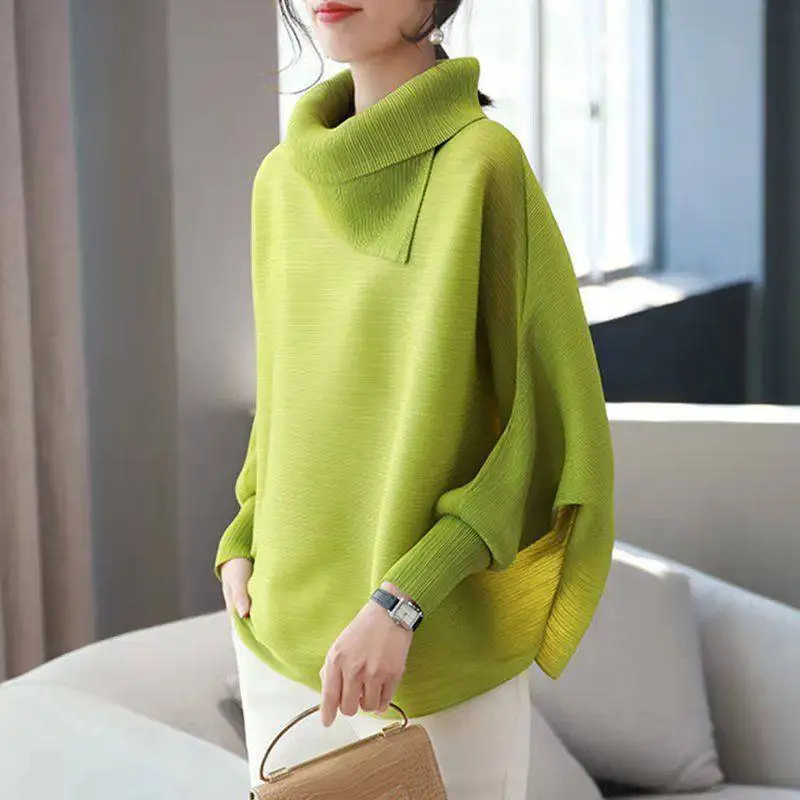 

High Collar Underlay Bat Sleeve Top 2021 Autumn New Relaxed Shirt Waist Wrap tops mujer blusas femininas