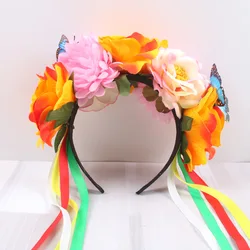 Halloween Party Costume Large Flower Headband Mexican Floral Hair Band With Butterflies And Tassels Cosplay Party Hair Garland