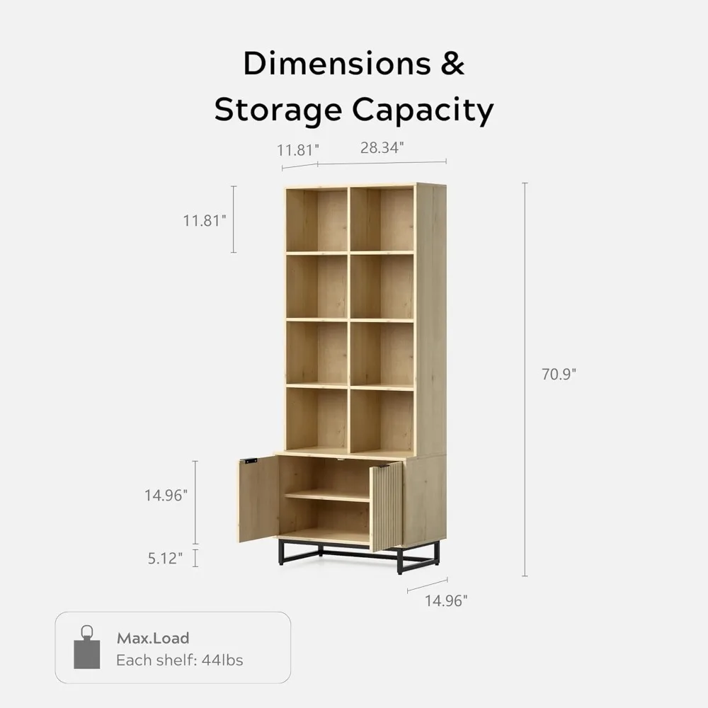 Bookshelf, with Doors Cabinet 71'' Tall Farmhouse Bookcase 4 Tier Bookshelves with Adjustable Shelves Storage Wooden Book Case