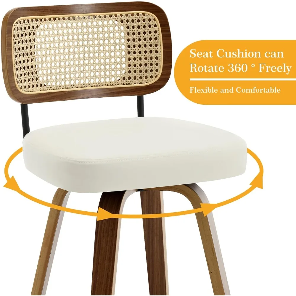 مقاعد بار ذات ارتفاع دوار، مقاعد بار منجدة من الجلد الصناعي مع ظهر من الخيزران، كراسي بار بارتفاع 26 مقعدًا للمجموعة #4