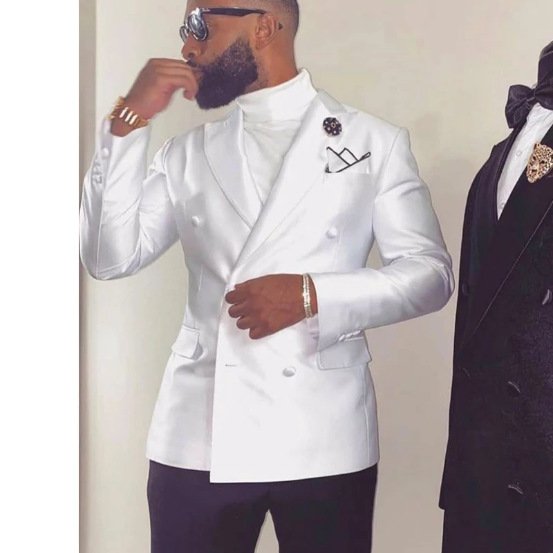 

White Double Breasted Wedding Tuxedo for Groom African 2 Piece Slim Fit Men Suits Black Pants (Jacekt+Pants)