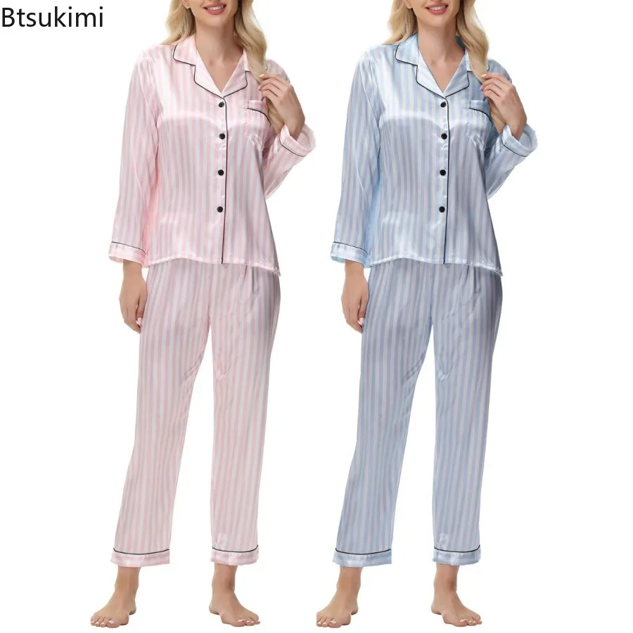 Women 2PCS Ice Silk Pajamas Set Spring Autumn Long Sleeve Button Up Shirt and Casual Loose Elastic Pants Sleepwear Loungewear