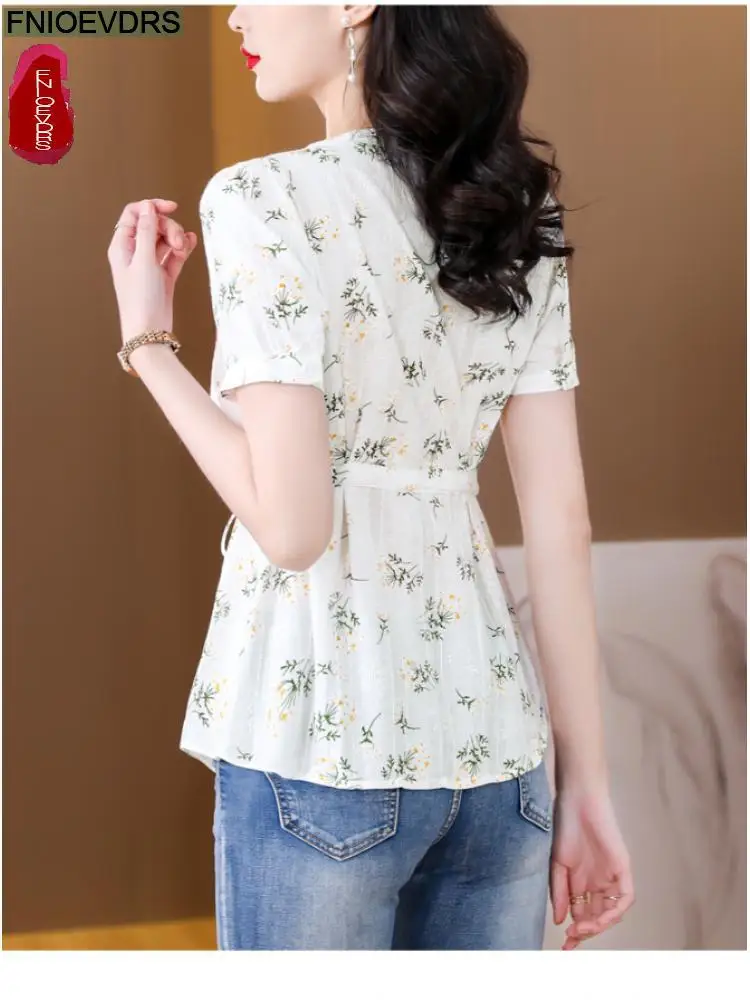 White Pink Drawstring Slim Waist Tops Women Summer Short Sleeve Cute Sweet Floral Print Retro Vintage Blouses Button Shirts