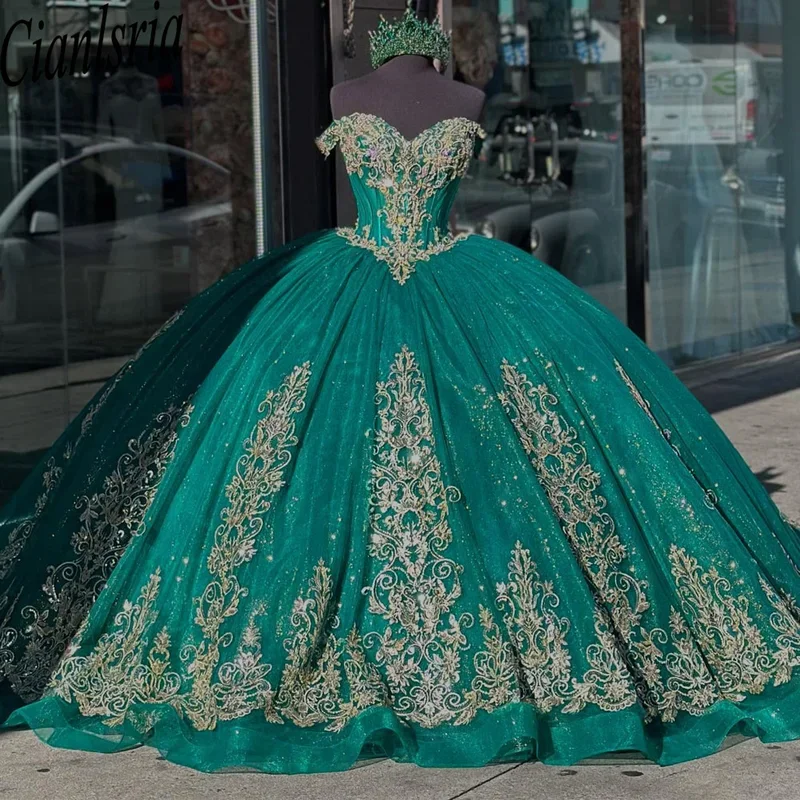 فستان الأميرة الأخضر Quinceanera جميل مزين بالزهور مطرز بالخرز بدون أكتاف مشد المكسيك الحلو 16 فيستدو دي 15