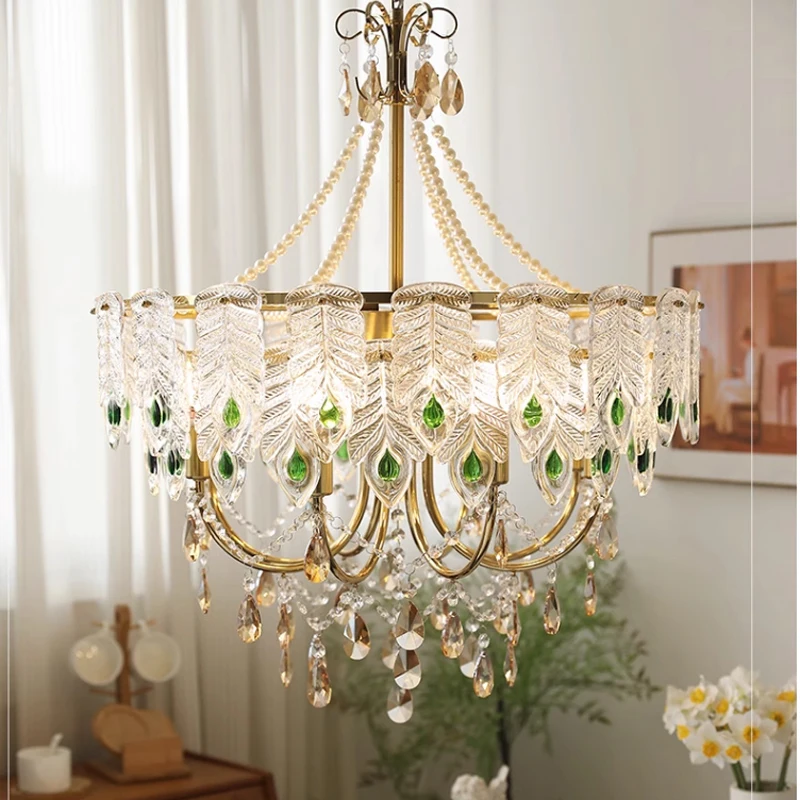 

American Green Crystal Pendant Lamps French Luxury Chandelier Pendant Light Fixture European Art Deco Bedroom Living Room Lustre