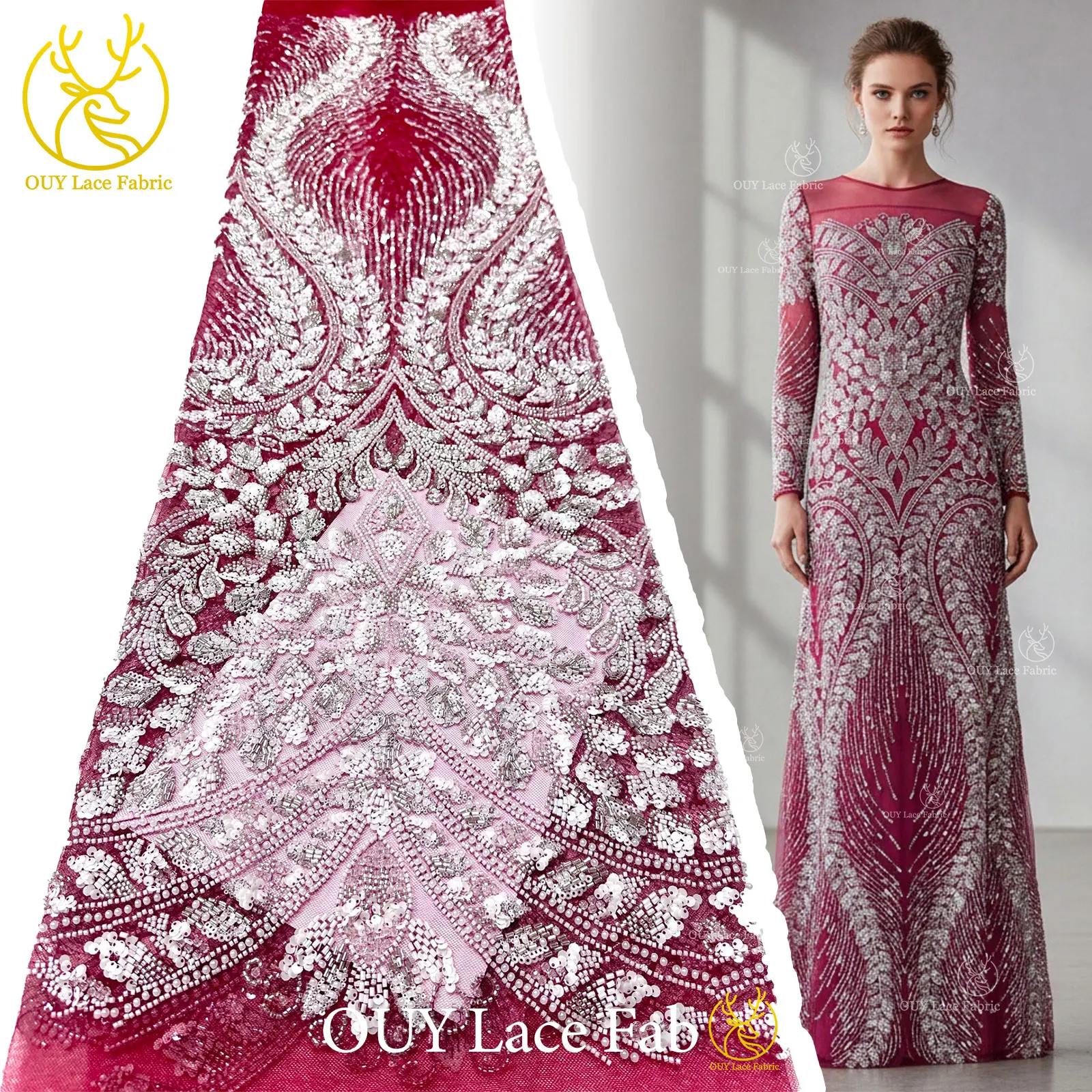 

2026 High End Luxury Elegant African Handmade Beaded Lace Fabric 5 Yards Nigerian Sequins Mesh Lace For Women Party Dress Sewing